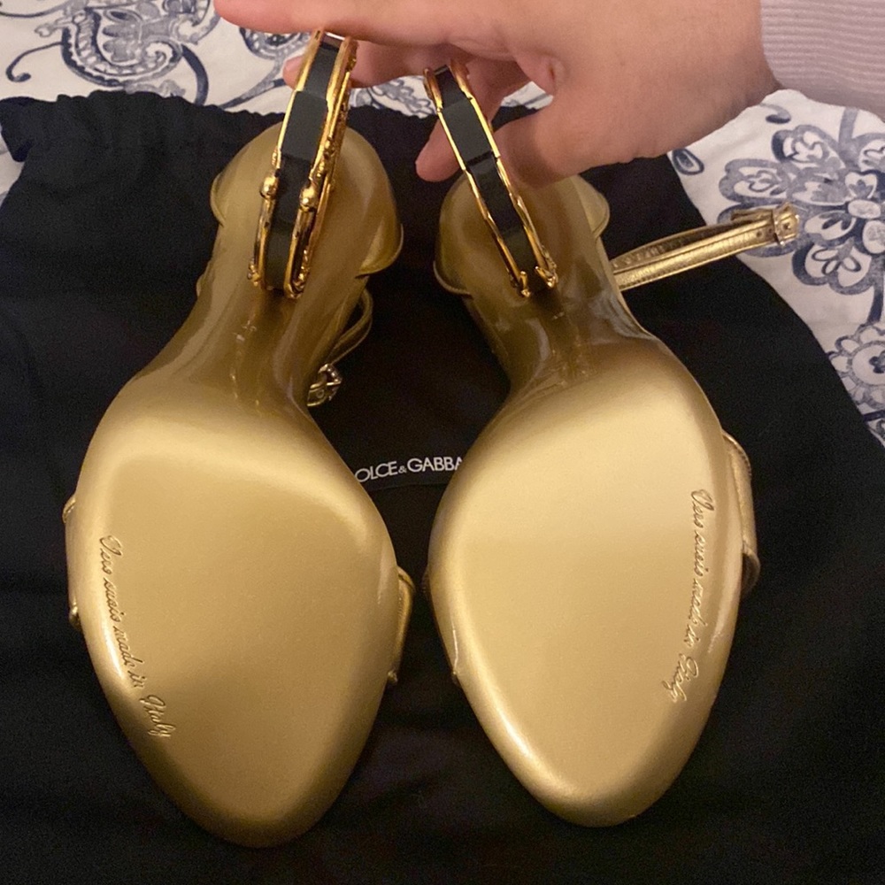 Dolce & Gabbana Gold Metallic Ankle-Strap Sandals with Decorative Logo Heel - Picture 4 of 11